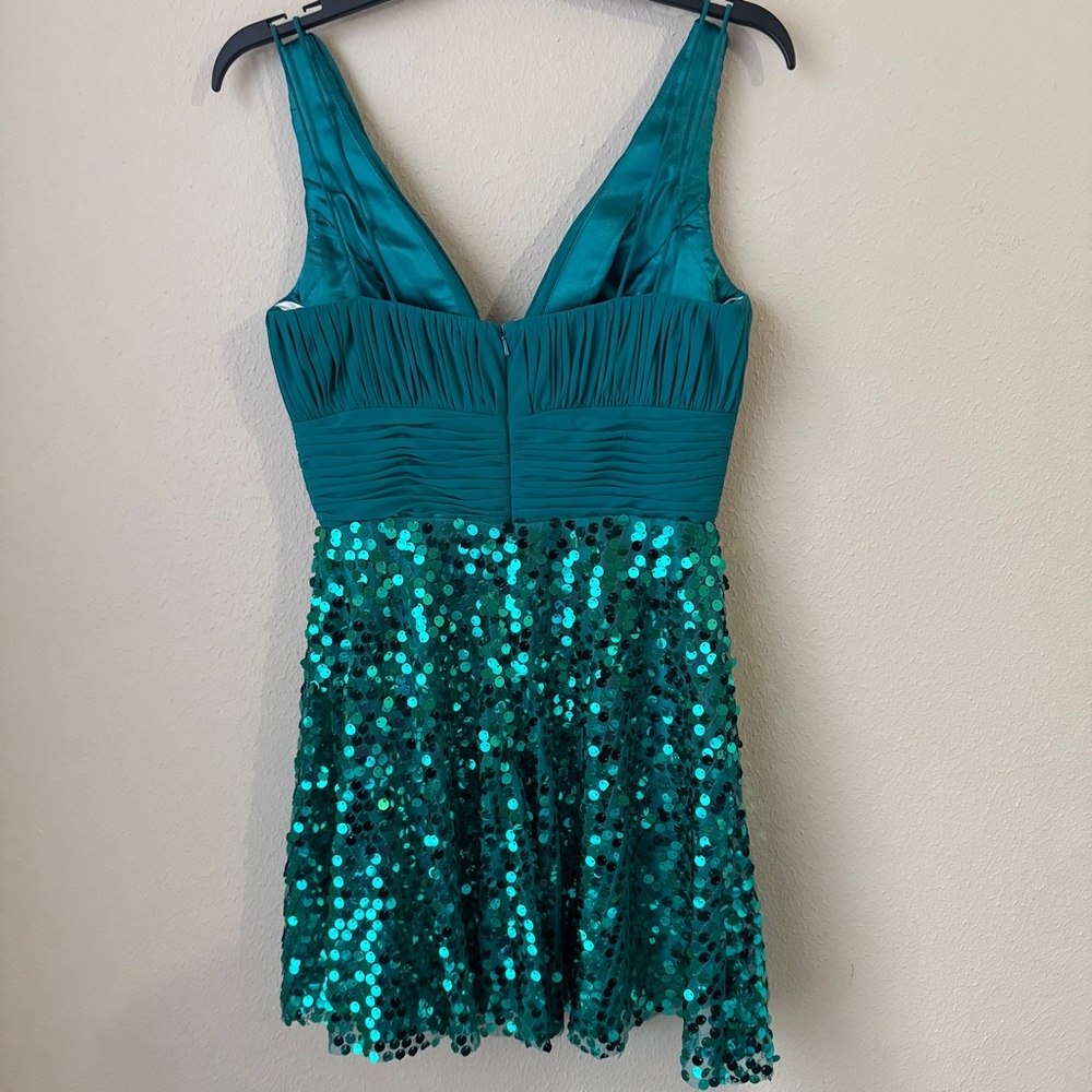 Teal Sequin V-Neck Mini Dress with Pleated Bodice - Picture 2 of 11